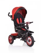 Byox Tricicleta pentru copii Jockey Red cu sezut rotativ si spatar reglabil 2 seturi suport picioruse roti mari din cauciuc maner cu control al directiei scaun confortabil cu husa moale si frana pe rotile din spate