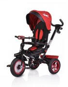 Byox Tricicleta pentru copii Jockey Red cu sezut rotativ si spatar reglabil 2 seturi suport picioruse roti mari din cauciuc maner cu control al directiei scaun confortabil cu husa moale si frana pe rotile din spate