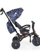 Byox Tricicleta pentru copii Pluto Blue pliabila cu scaun rotativ si spatar reglabil roti din cauciuc Eva maner cu control al directiei 2 seturi suport picioruse sistem roata libera si frana pe rotile din spate