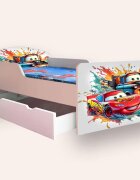 CameraMagica Pat pentru copii Cars Fulger Mcqueen si Bucsa cu sertar si saltea 2-12 ani 160x80 cm