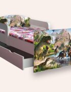 CameraMagica Pat pentru copii Jurassic Park cu manere sertar si saltea 2-6 ani 130x60 cm