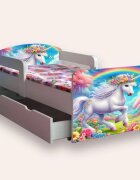 CameraMagica Pat pentru copii Unicorni varianta 2 cu manere si sertar 2-12 ani 160x80 cm