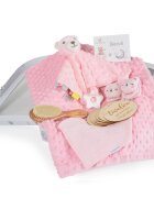 CANGAROO Set cadou 6in1 pentru nou nascut Bearly Gri cu paturica dubla 100x80cmjucarie atasamentsosetebavetaperie cu peri naturali si cartonase etape crestere in cutie cadou cu felicitare
