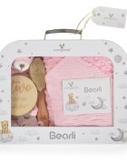 CANGAROO Set cadou 6in1 pentru nou nascut Bearly Gri cu paturica dubla 100x80cmjucarie atasamentsosetebavetaperie cu peri naturali si cartonase etape crestere in cutie cadou cu felicitare