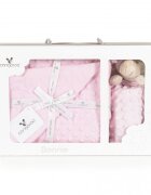 CANGAROO Set paturica 75x100cm si jucarie de atasament Bennie Pink din bumbac Minkyin cutie cadou eleganta