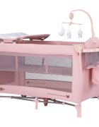 CHIPOLINO Patut pliabil Bella Pink Marshmallow cu doua nivele intrare laterala cu fermoar 2 roti cu frane saltea de infasat carusel muzical geanta pentru transport buzunar si organizator accesorii