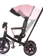 CHIPOLINO Tricicleta pentru copii Derby flamingo cu copertina si sezut reversibil spatar reglabil pozitie somnfrana suport pentru picioare maner cu control al directiei jucarie cu muzica si lumini