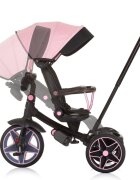 CHIPOLINO Tricicleta pentru copii Derby flamingo cu copertina si sezut reversibil spatar reglabil pozitie somnfrana suport pentru picioare maner cu control al directiei jucarie cu muzica si lumini