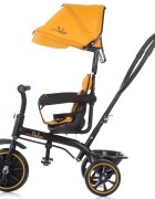 CHIPOLINO Tricicleta pentru copii Pulse Mustard cu maner cu control al directiei copertina detasabila scaun confortabil cu husa moale suport pentru picioare si cos pentru cumparaturi