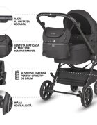COCCOLLE Carucior modular 2 in 1 Serry Jet Black Suport de picioare reglabil Suspensie Huse pentru picioare Geanta Adaptoare Bara de protectie si maner din piele ecologica Greutate admisa 22 kg