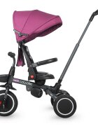 COCCOLLE Tricicleta pentru copii Venti Magenta multifunctionala cu spatar ajustabil cu pozitie de somn sezut rotativ 360 grade roti de cauciuc 2 seturi de suporti de picioare de la 10 luni pana la 25 kg