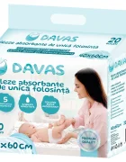 Davas Set 20 aleze absorbante de unica folosinta 40x60 cm 5 straturi cu polymer SAP benzi adezive transforma rapid lichidul in gel si neutralizeaza mirosul