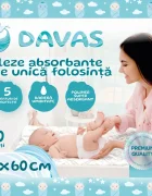 Davas Set 20 aleze absorbante de unica folosinta 40x60 cm 5 straturi cu polymer SAP benzi adezive transforma rapid lichidul in gel si neutralizeaza mirosul