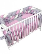 DESEDA Lenjerie de pat 120x60 cm cu aparatoare impletita 240 cm cu paturica pernuta slim si cearceaf roz pal-alb-gri