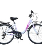 DINO BIKES Bicicleta City Summertime alb 26 inch de la 11 ani inaltime de peste 145 cm frana de mana pe roata fataspate portbagaj fataspate transmisie Shimano cu 6 viteze claxon si cric