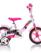 DINO BIKES Bicicleta copii 108 Sport alb si roz 10 inch frana de mana pe roata din fata roti ajutatoare de la 3 ani inaltimea recomandata 78-90 cm claxon pe ghidon roti din spuma EVA