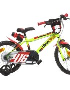 DINO BIKES Bicicleta copii 416 galben 16 inch varsta 6-8 ani inaltimea 107-125 cm frana de mana roata din fataspate roti ajutatoare detasabile suport cu sticla de apa anvelope gonflabile