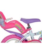 DINO BIKES Bicicleta copii Barbie 12 inch varsta 3-5 ani inaltimea 87-110 cm roti din spuma EVA roti ajutatoare detasabile scaun pentru papusa in spate cos spatios de depozitare in fata