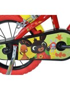 DINO BIKES Bicicleta copii Bing 14 inch varsta 4-7 ani inaltimea 95-115 cm frana de mana pe roata fataspate pinion spate fix roti ajutatoare detasabile suport cu sticla de apa