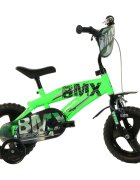 DINO BIKES Bicicleta copii BMX negru si verde 12 inch varsta 3-5 ani si o inaltime cuprinsa intre 87-110 cm roti spuma EVA frana de mana pe roata din fata pinion fix roti ajutatoare detasabile