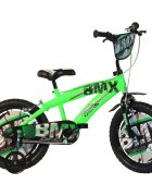 DINO BIKES Bicicleta copii BMX negru si verde 14 inch varsta 4-7 ani inaltimea 95-115 cm frana de mana pe ambele roti roti ajutatoare detasabile pinion spate fix Scut frontal