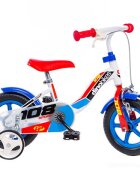 DINO BIKES Bicicleta copii cu maner pentru parinti albastru varsta 2-4 ani 10 inch roti ajutatoare frana pe roata din fata claxon inaltimea recomandata 78-90 cm