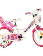 DINO BIKES Bicicleta copii Fairy alb si roz 16 inch varsta 6-8 ani inaltimea 107-125 cm frana de mana pe ambele roti roti ajutatoare detasabile cos depozitare fata scaun pentru papusi spate