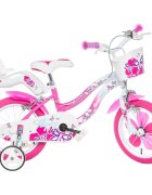 DINO BIKES Bicicleta copii Flappy roz 16 inch varsta 6-8 ani si o inaltime cuprinsa intre 107-125 cm frana de mana pe roata din fataspate scaun pentru papusa in spate roti ajutatoare detasabile