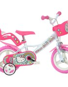 DINO BIKES Bicicleta copii Hello Kitty 12 inch varsta 3-5 ani inaltimea 87-110 cm anvelope spuma EVA frana de mana pe roata din fata pinion spate fix roti ajutatoare detasabile cosulet si scaun pentru papusa