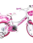 DINO BIKES Bicicleta copii Little Heart alb si roz 14 inch varsta 4-7 ani inaltimea 95-115 cm frana de mana pe roata din fataspate cosulet fata si scaun pentru papusa in spate pinion spate fix roti ajutatoare detasabi