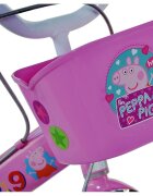DINO BIKES Bicicleta copii Peppa Pig 14 inch varsta 4-7 ani inaltimea 95-115 cm frana de mana pe roata din fataspate cosulet fata si scaun pentru papusa in spate pinion spate fix roti ajutatoare detasabile