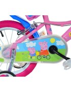 DINO BIKES Bicicleta copii Peppa Pig 14 inch varsta 4-7 ani inaltimea 95-115 cm frana de mana pe roata din fataspate cosulet fata si scaun pentru papusa in spate pinion spate fix roti ajutatoare detasabile