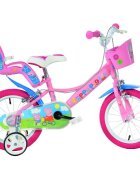DINO BIKES Bicicleta copii Peppa Pig 14 inch varsta 4-7 ani inaltimea 95-115 cm frana de mana pe roata din fataspate cosulet fata si scaun pentru papusa in spate pinion spate fix roti ajutatoare detasabile