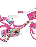 DINO BIKES Bicicleta copii Princess 12 inch varsta 3-5 ani inaltimea intre 87-110 cm anvelope spuma EVA frana de mana pe roata din fata pinion spate fix roti ajutatoare detasabile Scaun pentru papusa in spate