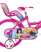 DINO BIKES Bicicleta copii Princess 14 inch varsta 4-7 ani inaltimea 95-115 cm frana de mana pe roata din fataspate cosulet fata si scaun pentru papusa in spate pinion spate fix roti ajutatoare detasabile