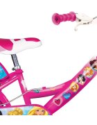 DINO BIKES Bicicleta copii Princess 14 inch varsta 4-7 ani inaltimea 95-115 cm frana de mana pe roata din fataspate cosulet fata si scaun pentru papusa in spate pinion spate fix roti ajutatoare detasabile