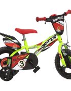 DINO BIKES Bicicleta copii Raptor galben 12 inch varsta 3-5 ani inaltimea 87-110 cm frana de mana pe roata din fata pinion spate fix roti ajutatoare detasabile scut frontal