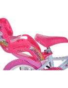 DINO BIKES Bicicleta copii Unicorn 12 inch varsta 3-5 ani inaltimea 87-110 cm anvelope spuma EVA frana de mana pe roata din fata pinion spate fix roti ajutatoare detasabile cosulet si scaun pentru papusa