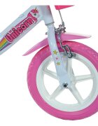 DINO BIKES Bicicleta copii Unicorn 12 inch varsta 3-5 ani inaltimea 87-110 cm anvelope spuma EVA frana de mana pe roata din fata pinion spate fix roti ajutatoare detasabile cosulet si scaun pentru papusa