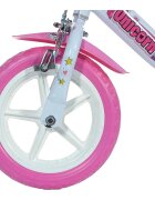 DINO BIKES Bicicleta copii Unicorn 12 inch varsta 3-5 ani inaltimea 87-110 cm anvelope spuma EVA frana de mana pe roata din fata pinion spate fix roti ajutatoare detasabile cosulet si scaun pentru papusa
