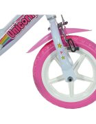 DINO BIKES Bicicleta copii Unicorn 12 inch varsta 3-5 ani inaltimea 87-110 cm anvelope spuma EVA frana de mana pe roata din fata pinion spate fix roti ajutatoare detasabile cosulet si scaun pentru papusa