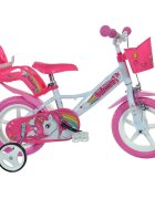 DINO BIKES Bicicleta copii Unicorn 12 inch varsta 3-5 ani inaltimea 87-110 cm anvelope spuma EVA frana de mana pe roata din fata pinion spate fix roti ajutatoare detasabile cosulet si scaun pentru papusa