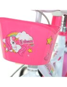 DINO BIKES Bicicleta copii Unicorn 14 inch varsta 4-7 ani inaltimea 95-115 cm frana de mana pe roata din fataspate cosulet fata si scaun pentru papusa in spate pinion spate fix roti ajutatoare detasabile