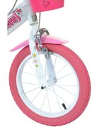 DINO BIKES Bicicleta copii Unicorn 14 inch varsta 4-7 ani inaltimea 95-115 cm frana de mana pe roata din fataspate cosulet fata si scaun pentru papusa in spate pinion spate fix roti ajutatoare detasabile