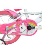 DINO BIKES Bicicleta copii Unicorn 14 inch varsta 4-7 ani inaltimea 95-115 cm frana de mana pe roata din fataspate cosulet fata si scaun pentru papusa in spate pinion spate fix roti ajutatoare detasabile
