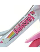 DINO BIKES Bicicleta copii Unicorn 14 inch varsta 4-7 ani inaltimea 95-115 cm frana de mana pe roata din fataspate cosulet fata si scaun pentru papusa in spate pinion spate fix roti ajutatoare detasabile