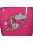 DINO BIKES Bicicleta copii Unicorn 14 inch varsta 4-7 ani inaltimea 95-115 cm frana de mana pe roata din fataspate cosulet fata si scaun pentru papusa in spate pinion spate fix roti ajutatoare detasabile