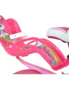 DINO BIKES Bicicleta copii Unicorn 14 inch varsta 4-7 ani inaltimea 95-115 cm frana de mana pe roata din fataspate cosulet fata si scaun pentru papusa in spate pinion spate fix roti ajutatoare detasabile
