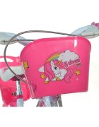 DINO BIKES Bicicleta copii Unicorn 14 inch varsta 4-7 ani inaltimea 95-115 cm frana de mana pe roata din fataspate cosulet fata si scaun pentru papusa in spate pinion spate fix roti ajutatoare detasabile