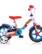 DINO BIKES Bicicleta pentru copii 108 Sport alb si albastru 10 inch de la 3 ani inaltimea 78-90 cm roti din spuma EVA frana de mana pe roata din fata claxon pe ghidon roti ajutatoare